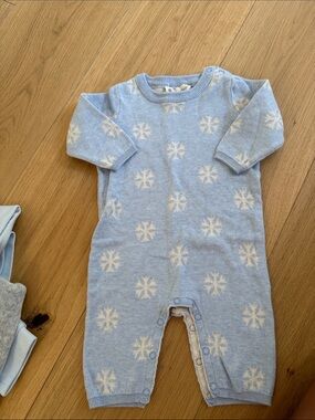 babycottons Light Blue Knit Footie with White Snowflake Pattern